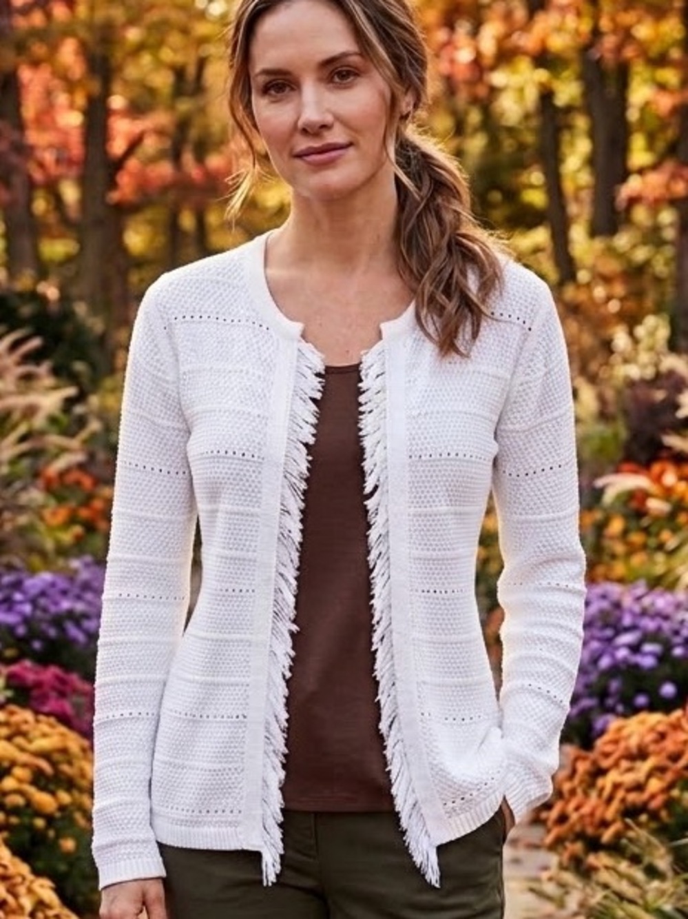 Parkhurst White Knit Open-Front Fringe Cardigan Sz XL
